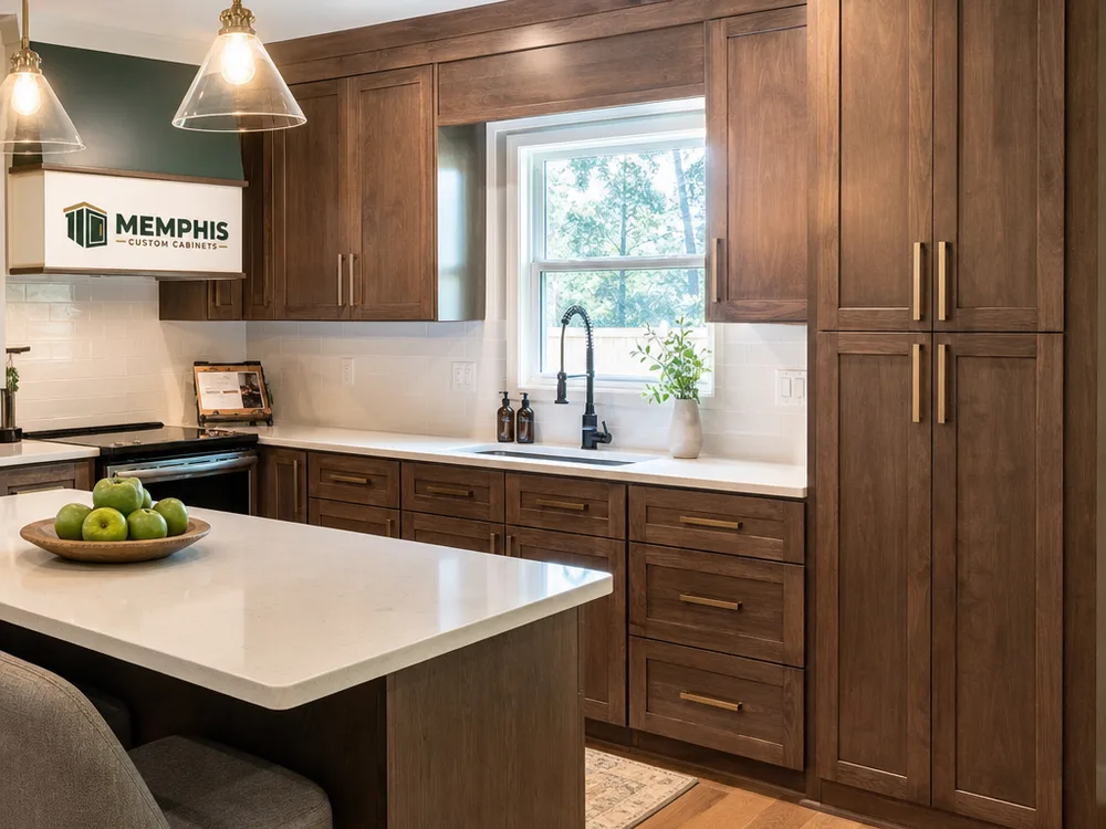Kitchen with stained wood cabinetry, visible grain, a matching pantry tower, and clean trim at cabinet ends