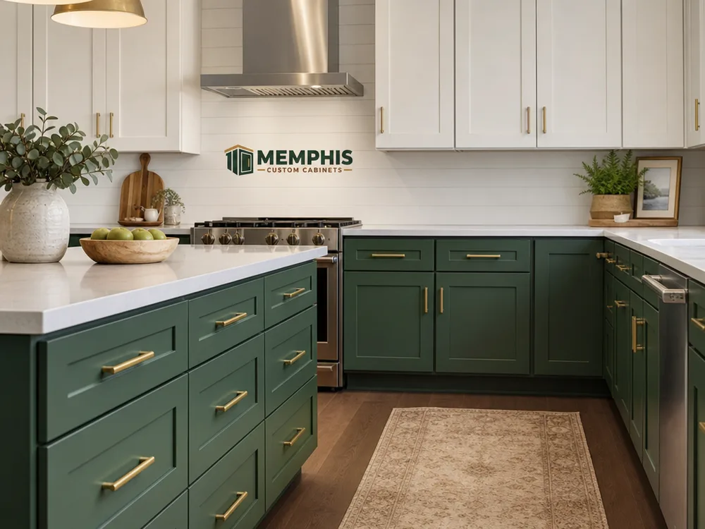 Finished kitchen with painted shaker cabinets, an island with deep drawer stacks, and consistently aligned pulls