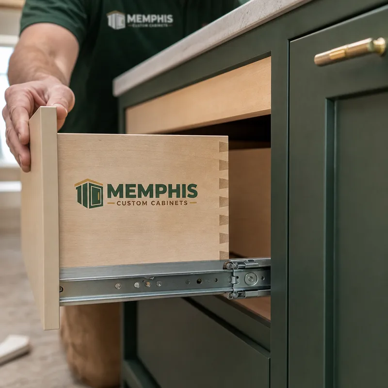 Close-up of a cabinet drawer box and soft-close slides with a tight square fit
