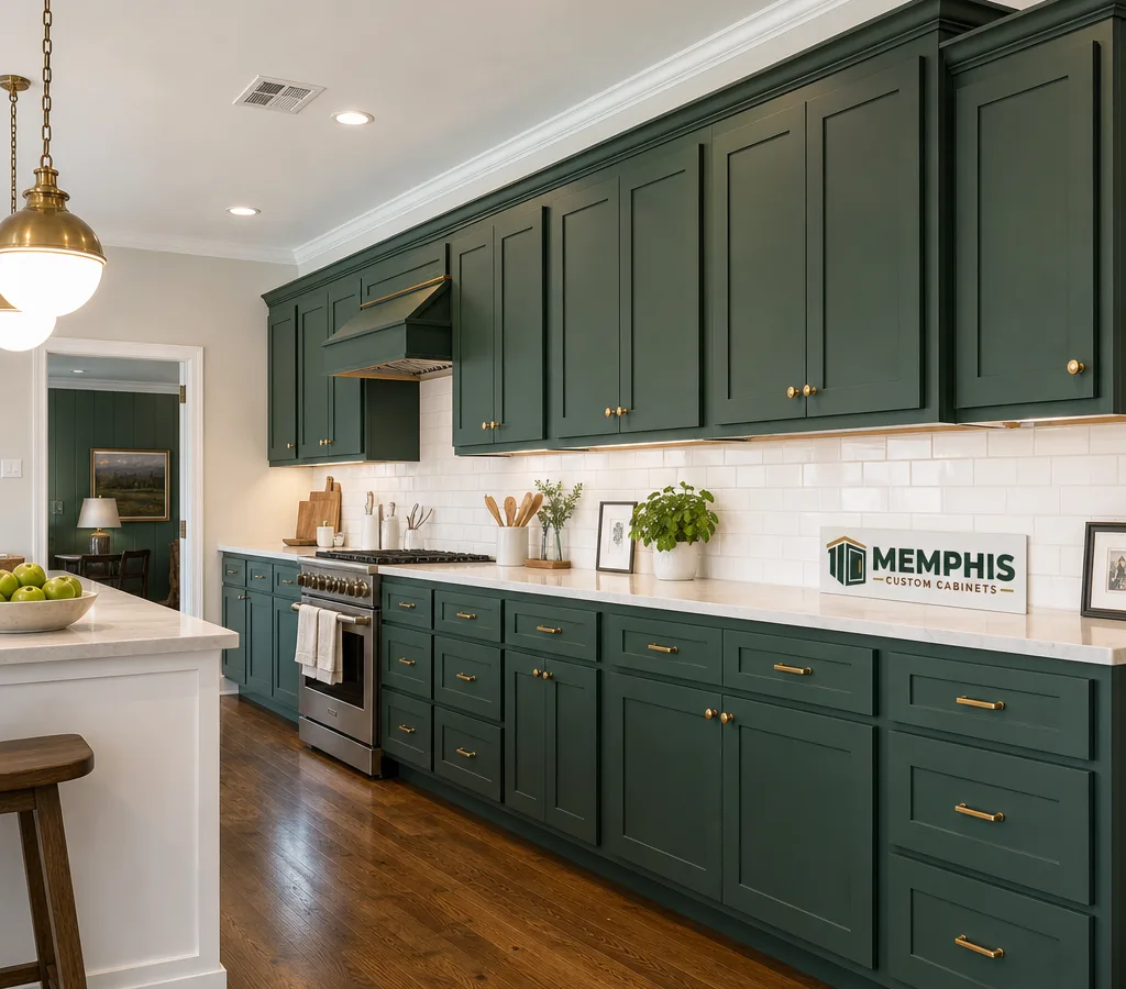 Bright Memphis-area kitchen with custom base and wall cabinets, finished end panels, and clean toe-kick lines