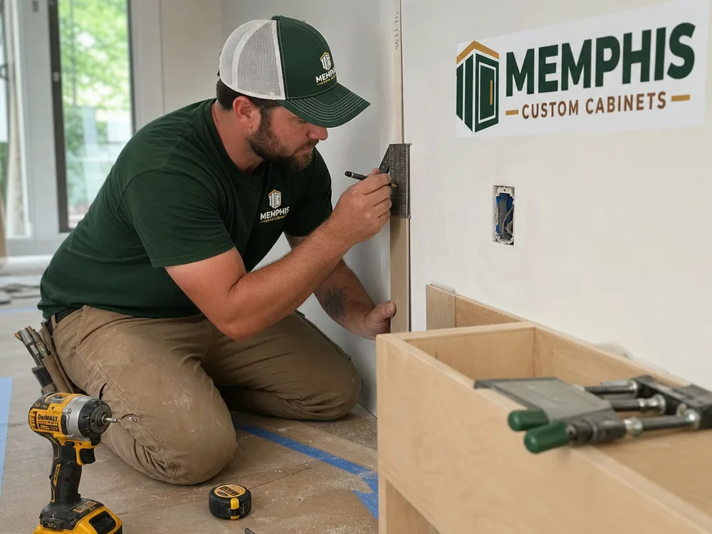 Cabinet maker measuring and scribing a filler strip to an out-of-plumb wall before installation
