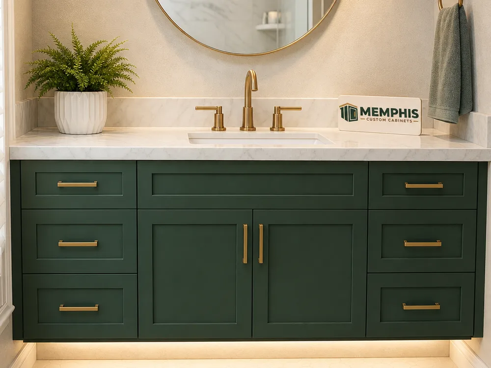 Bathroom vanity with custom drawer stacks, toe-kick lighting space, and a moisture-suitable finish