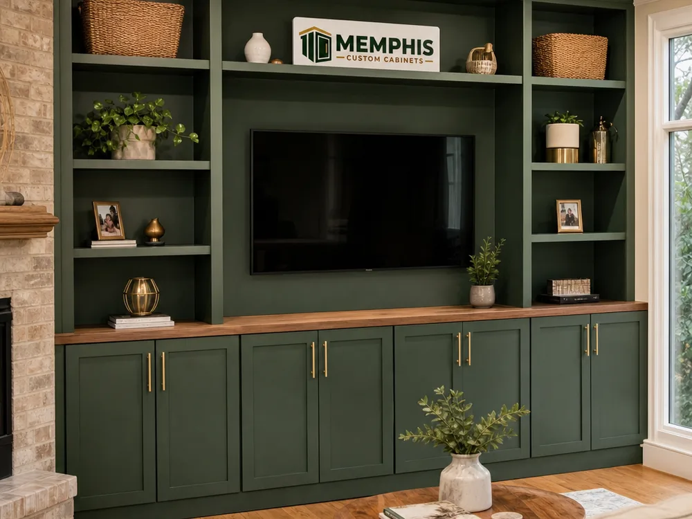 Living room cabinet wall with lower closed storage and upper open shelving trimmed to the ceiling
