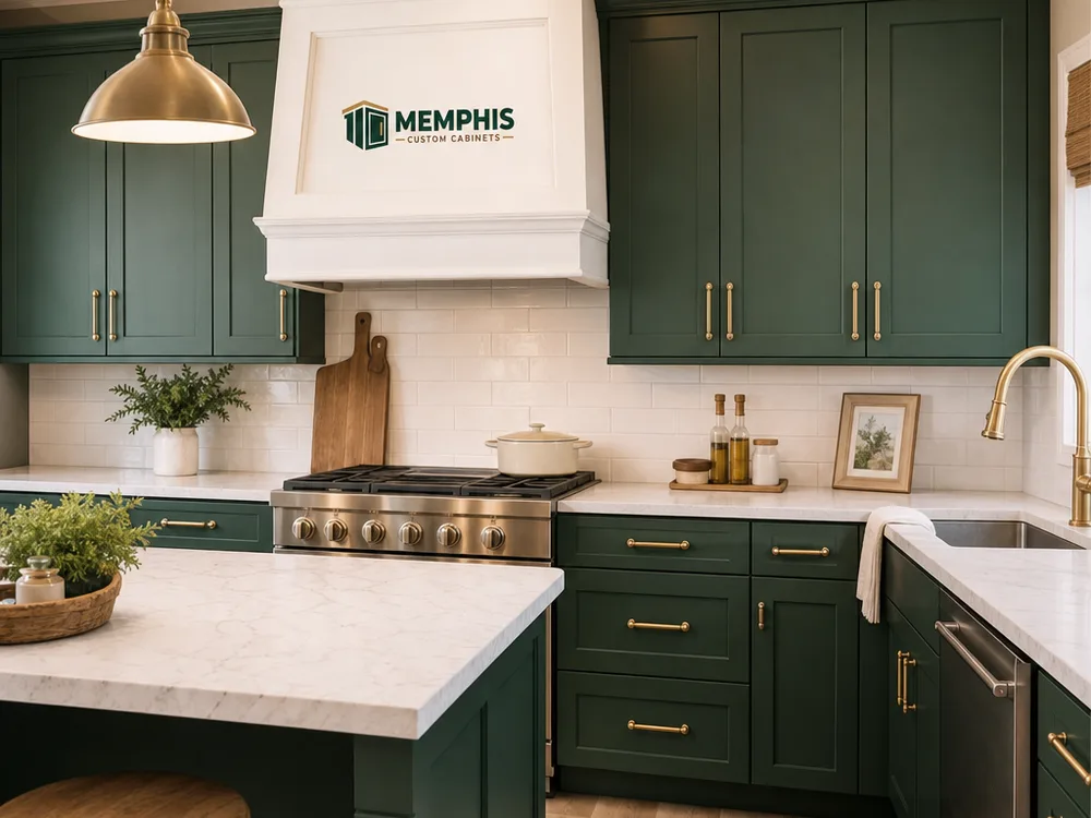 Finished kitchen with custom painted cabinets, a centered range hood surround, and consistent reveals