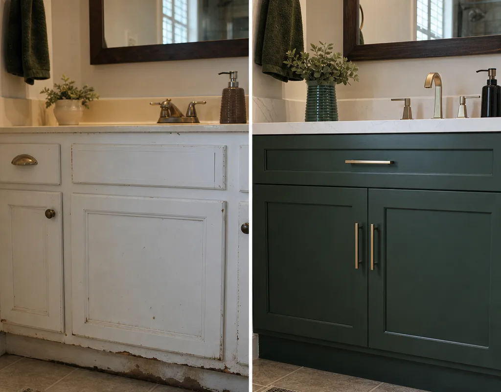 Side-by-side comparison of an older vanity with water-damaged toe-kick and a new installed vanity with proper scribing, sealed edges, and upgraded hardware