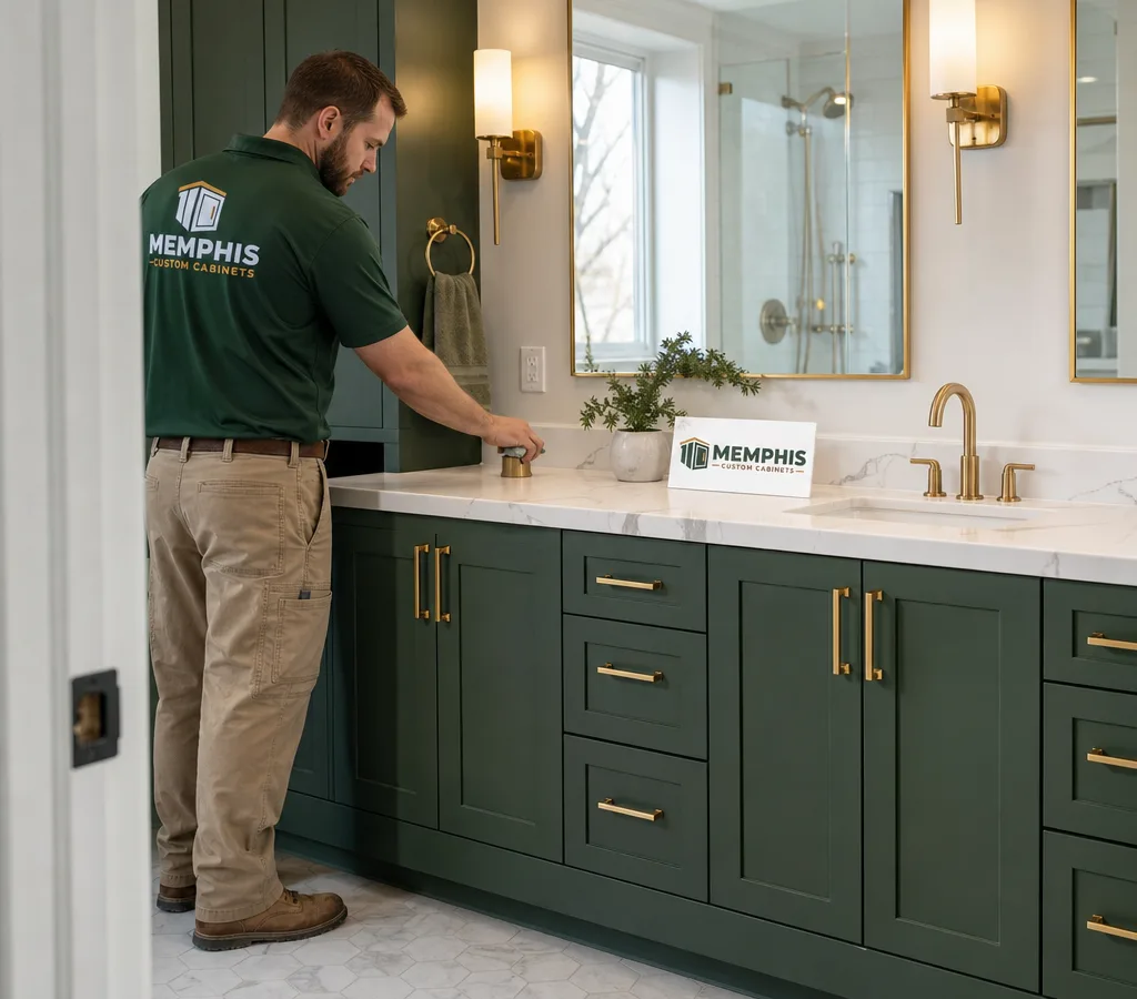 Bright Memphis bathroom with a newly installed custom vanity, integrated sink, aligned doors and drawers, and clean caulk lines at the countertop and backsplash