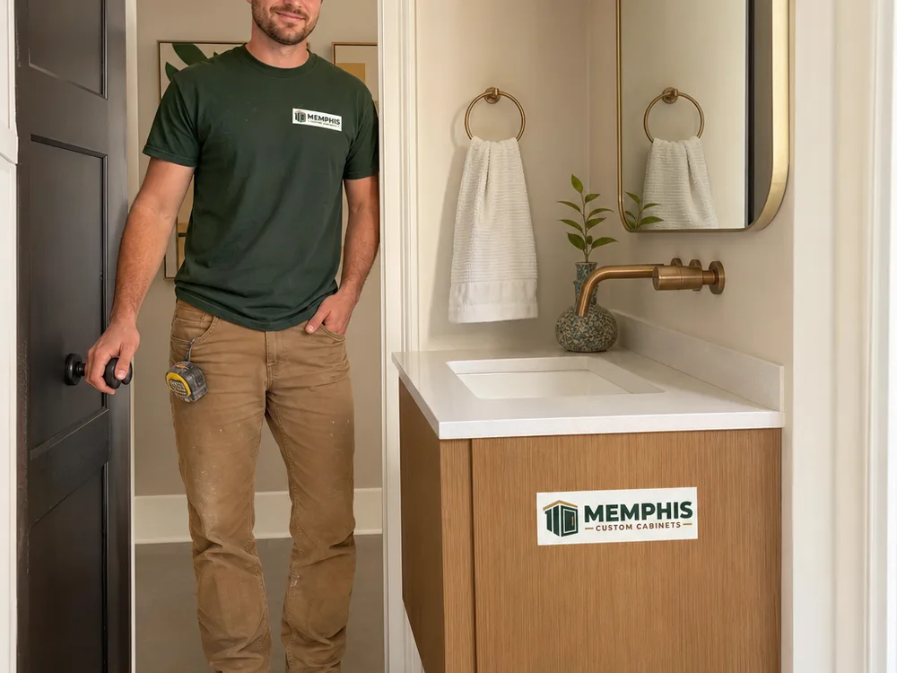 Compact single vanity in a small bath with a shallow-depth cabinet, wall-mounted faucet, and tight clearances around a door swing