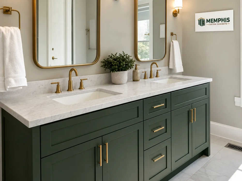 Finished double vanity with two undermount sinks, stone top, matching framed mirrors, and balanced drawer stacks for shared storage