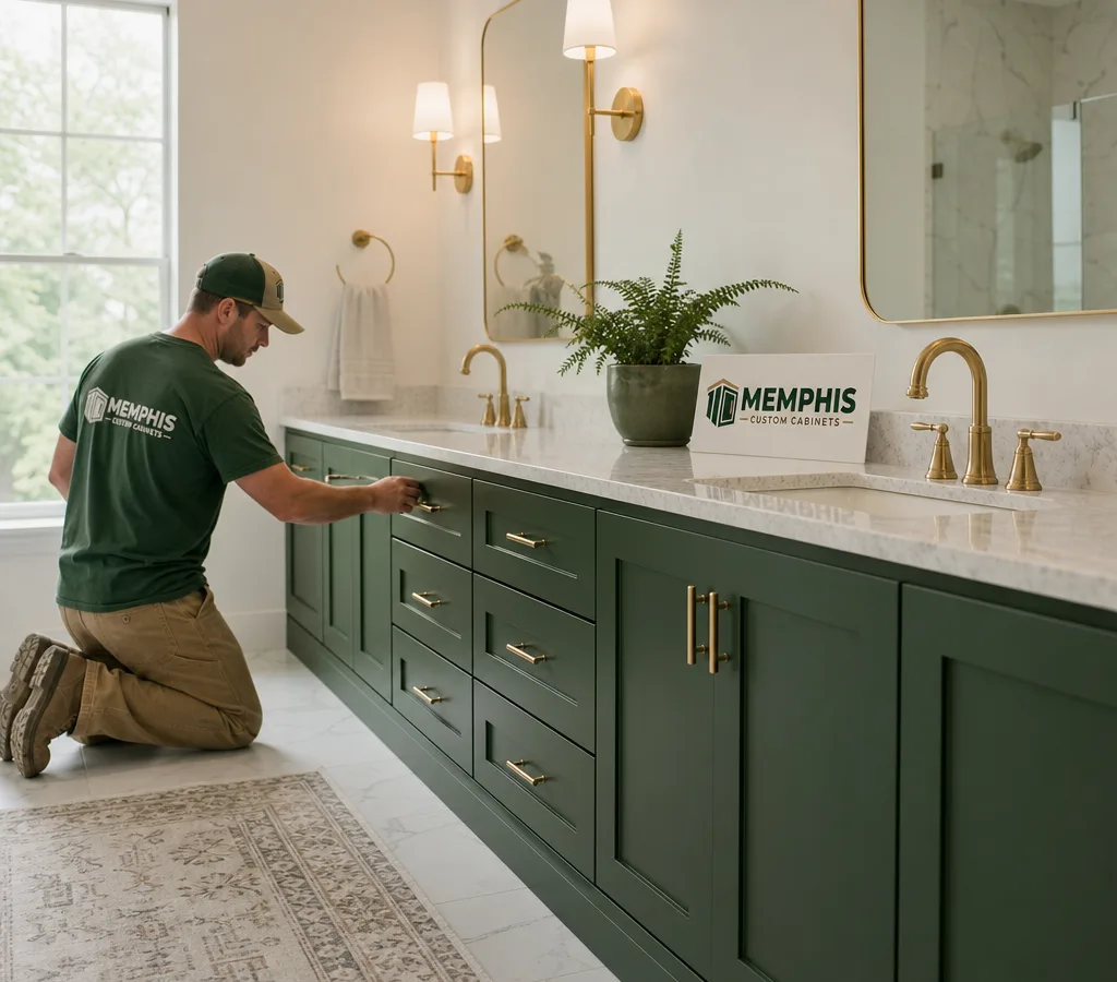 Bright Memphis-area bathroom vanity wall with newly installed custom cabinets, aligned drawers, even door gaps, and a quartz top
