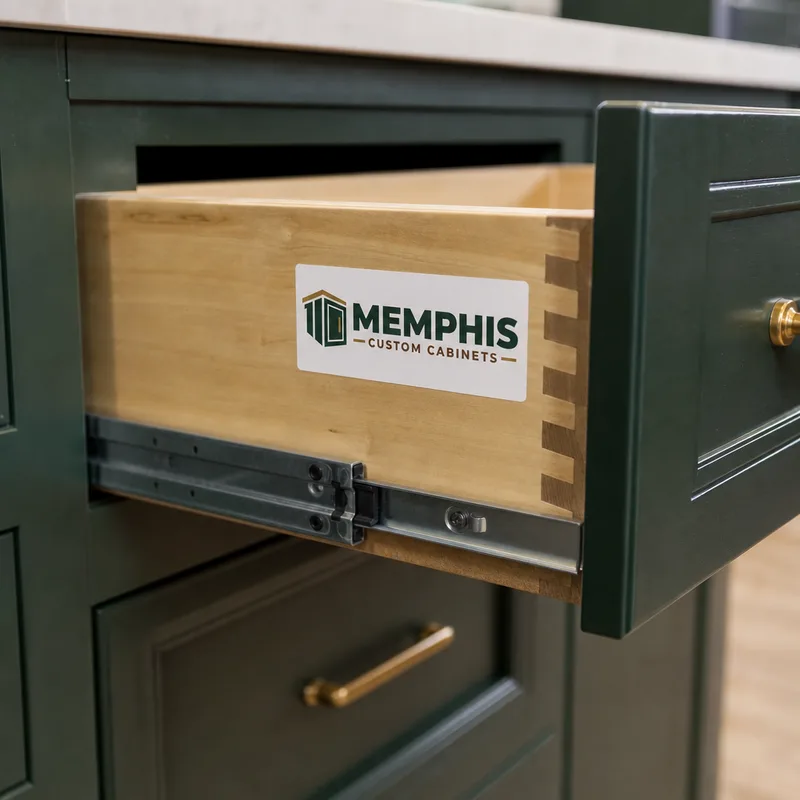 Cabinet drawer opened halfway showing dovetail joinery, soft-close undermount slide hardware, and a smooth durable interior finish