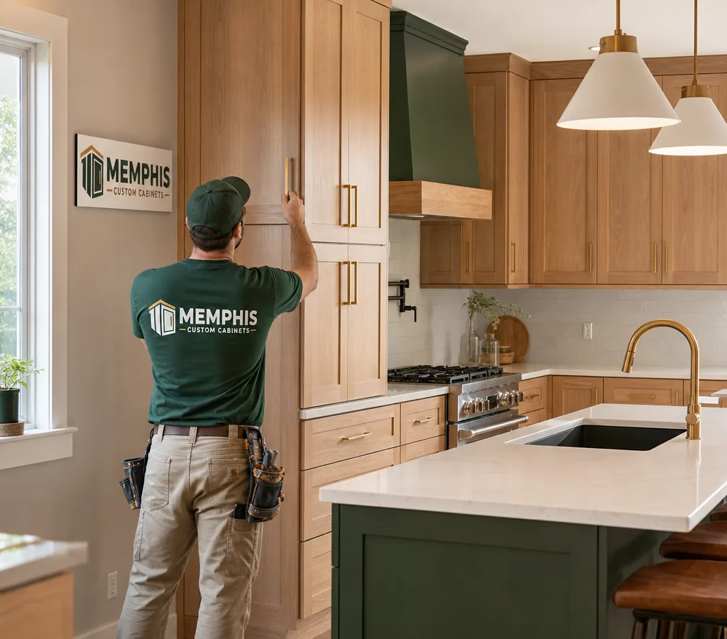 Memphis-area kitchen with newly installed custom base and wall cabinets, clean reveals, consistent door gaps, and a true finished color in natural light