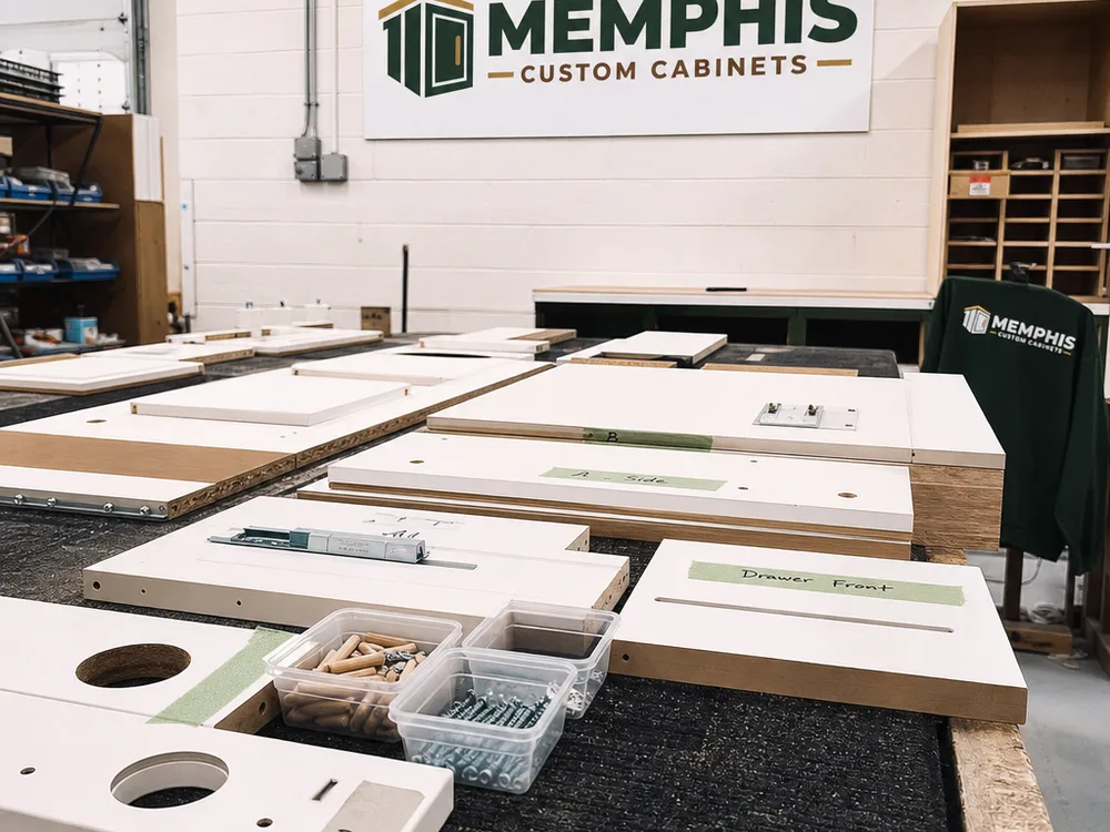 Cabinet shop workbench with labeled parts, edge banding, and hardware prepared for assembly